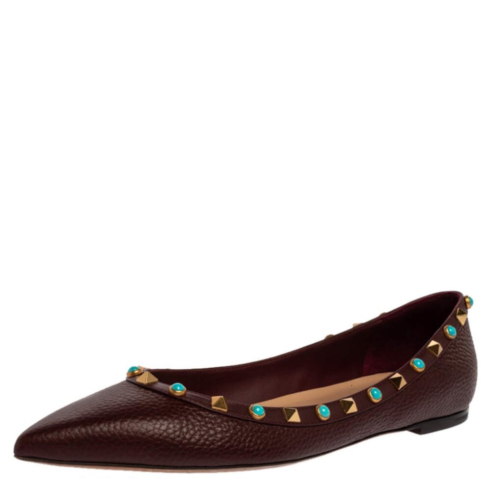 Valentino Garavani Rockstud Jewel Burgundy Pointed Toe Flats EU 35